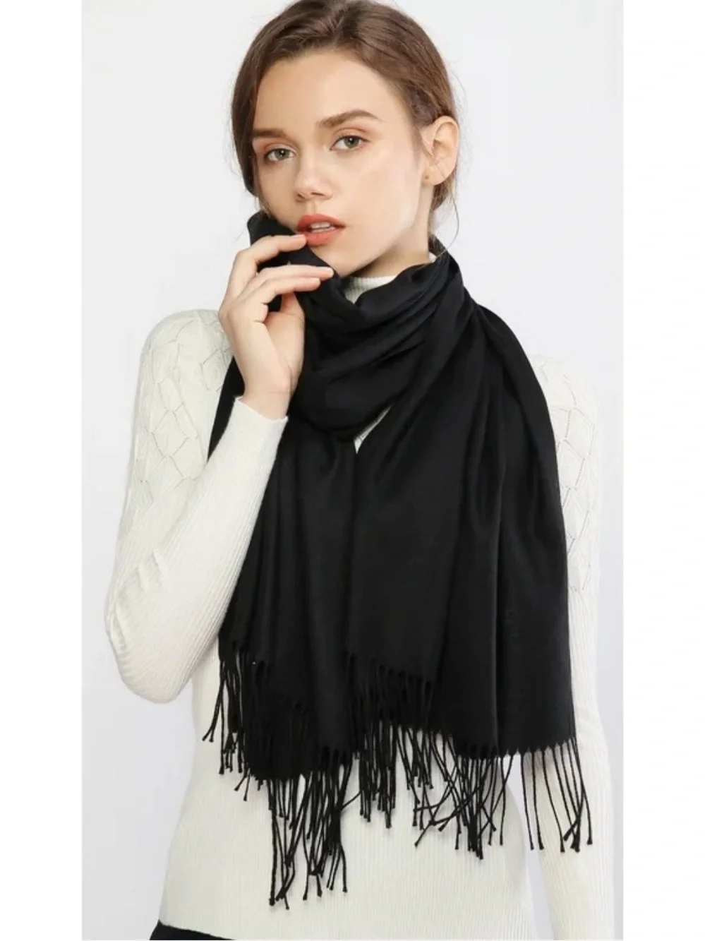 Classic Black Fringe Scarf 100% Viscose Lightweight -Silk Like Women Accessories